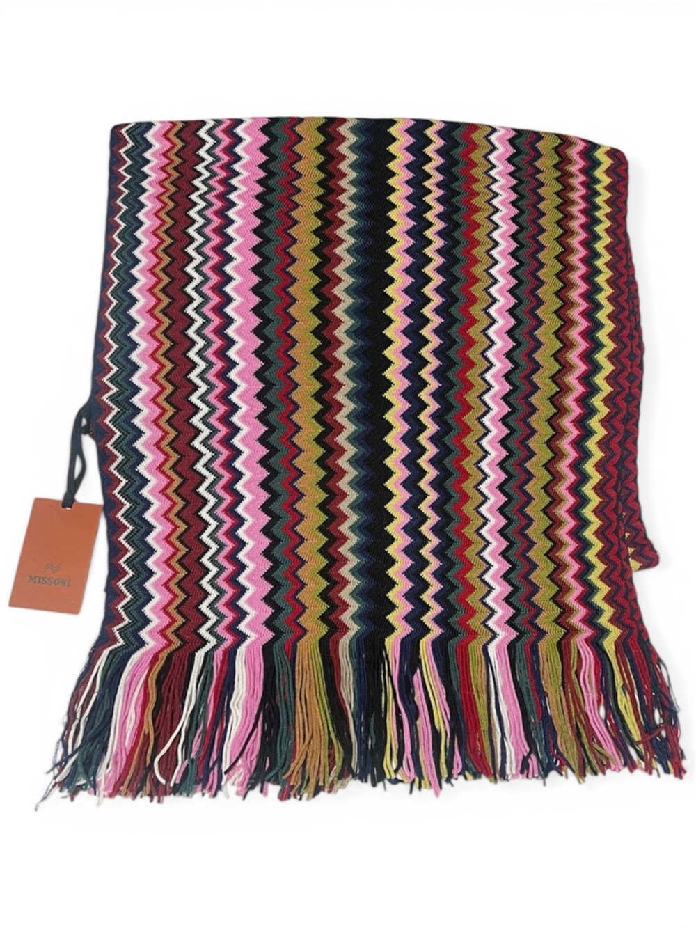 Missoni Zigzag Knit Fringe Scarf in Pink, Black, Olive & Multi